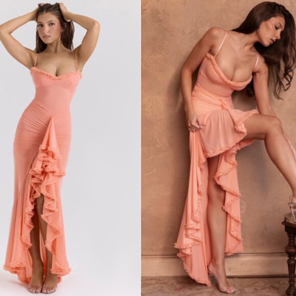 House of CB 'Gabbi' Peach Mesh Ruffled Front Gown NWOT
